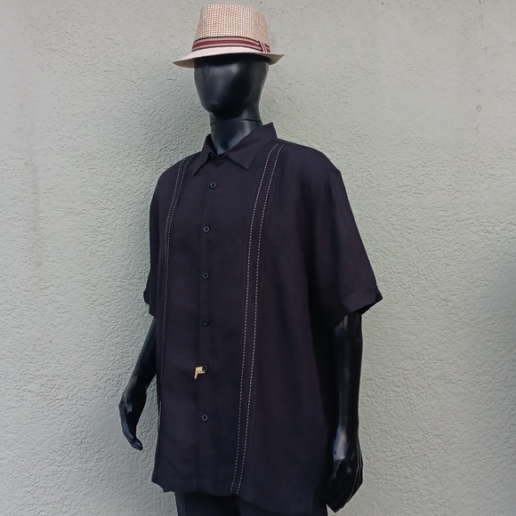 CUBAVERA MEN'S BLACK LINEN BLEND GUAYABERA SS BUTTON DOWN SHIRT - Picture 7 of 17